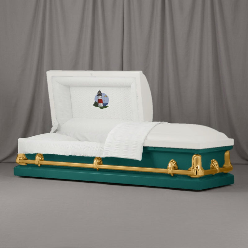 Island Light Casket | Artist Selections — White and Teal two-tone steel casket with gold hardware and embroidered Island Lighthouse head panel