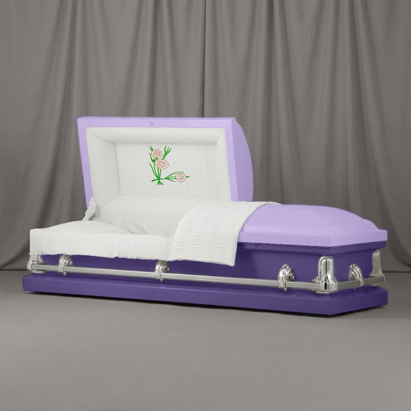 Carnations Casket | Artist Selections — Lavender and Violet two-tone steel casket with silver hardware and embroidered Carnations head panel