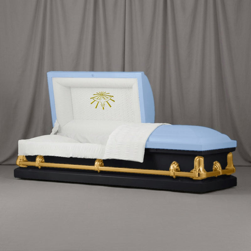 Dove of Light Casket | Artist Selections — Powder Blue and Classy Black two-tone steel casket with gold hardware and embroidered Dove of Light head panel