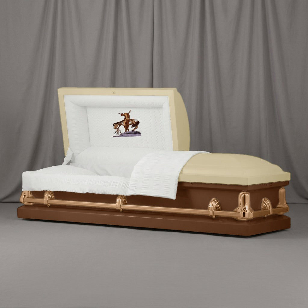 End of the Trail Casket | Artist Selections — Champagne and Saddle Brown two-tone steel casket with brass hardware and embroidered End of the Trail head panel