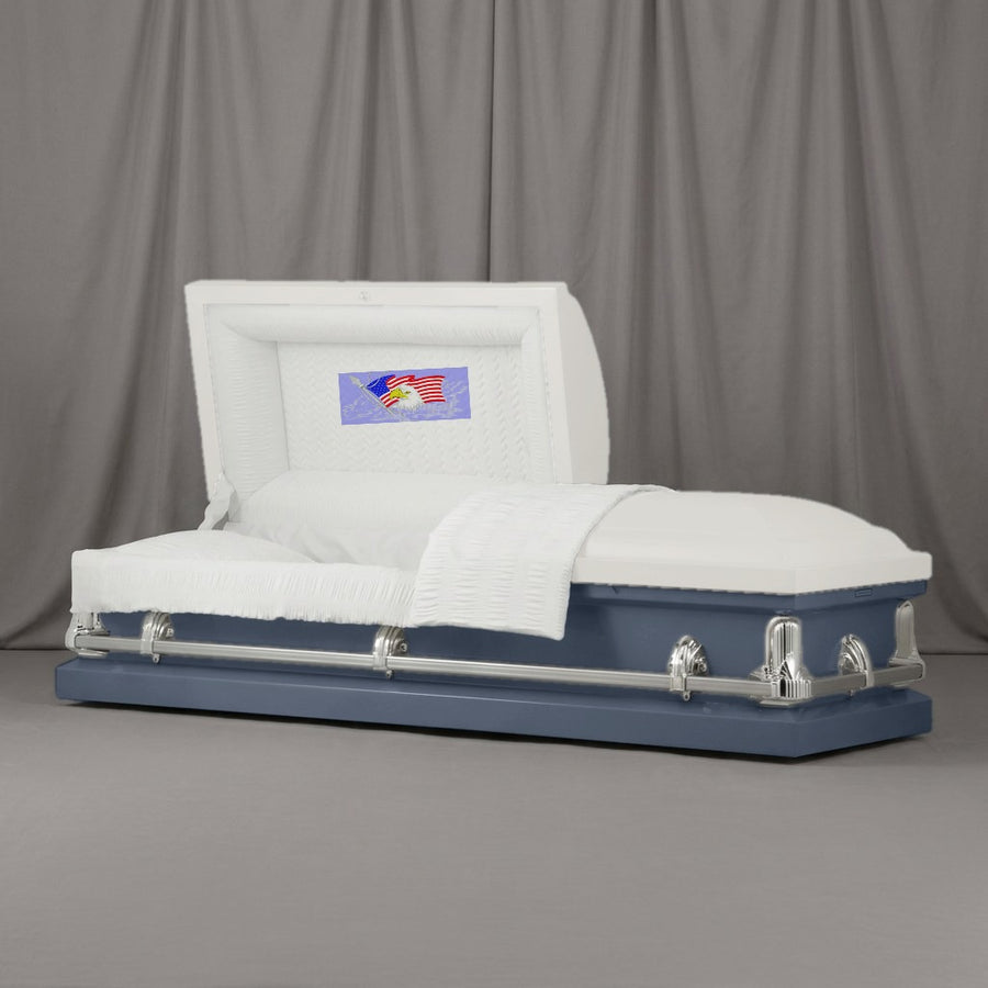 Eagle and Flag Casket | Artist Selections — White and Slate two-tone steel casket with silver hardware and embroidered Eagle and Flag head panel