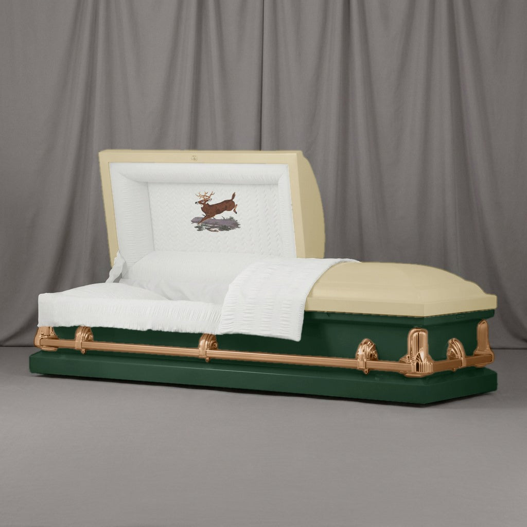 Whitetail Casket | Artist Selections — Champagne and Forest Green two-tone steel casket with brass hardware and embroidered Leaping Buck head panel