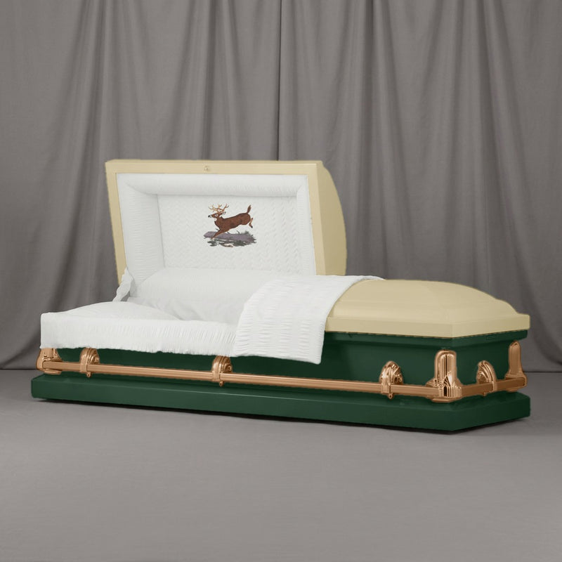 Whitetail Casket | Artist Selections — Champagne and Forest Green two-tone steel casket with brass hardware and embroidered Leaping Buck head panel