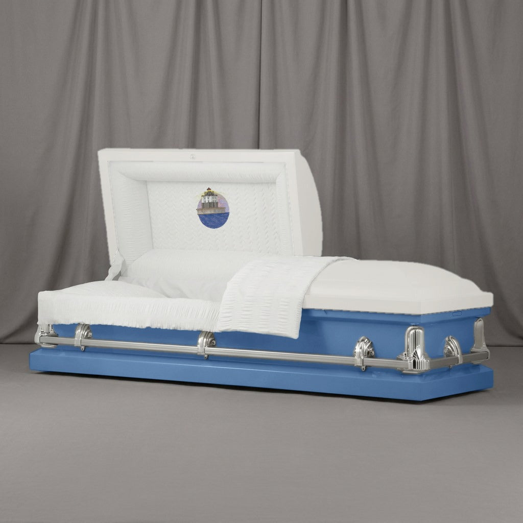 Lighthouse Casket | Artist Selections — White and Steel Blue two-tone steel casket with silver hardware and embroidered Harbor Lighthouse head panel
