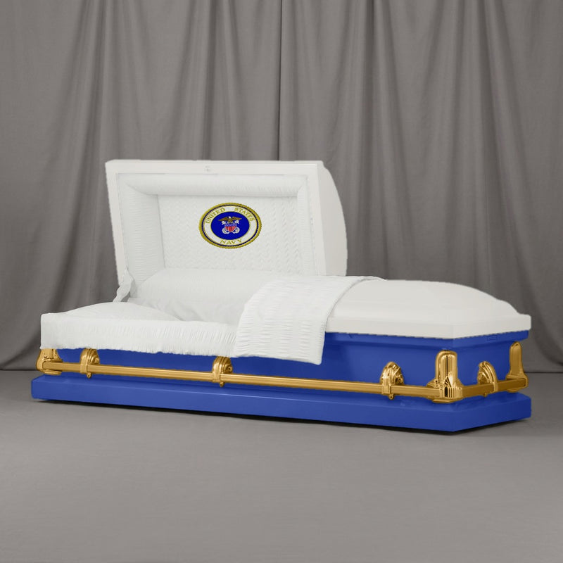 US Navy Casket | Artist Selections — White and Midnight Blue two-tone steel casket with gold hardware and embroidered US Navy Seal head panel