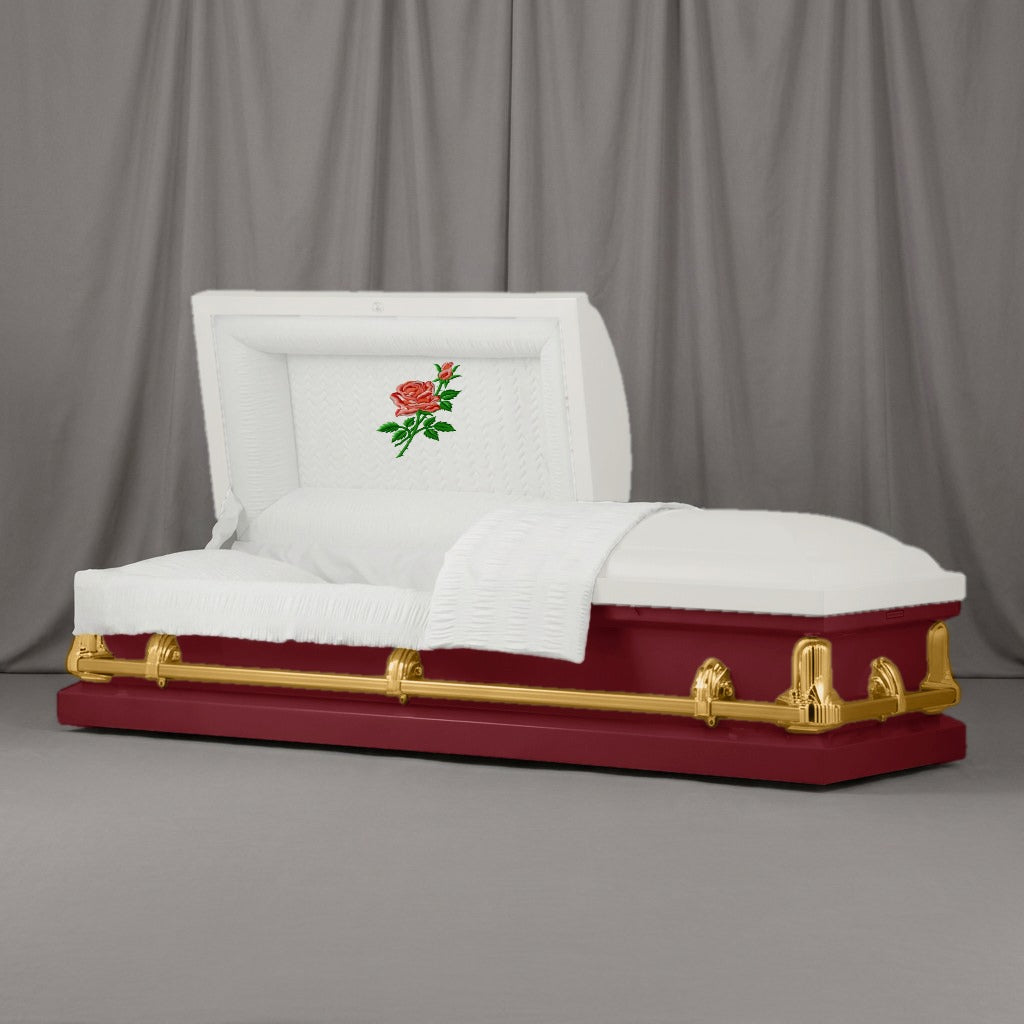 Single Rose Casket | Artist Selections — White and Burgundy two-tone steel casket with gold hardware and embroidered Red Rose head panel