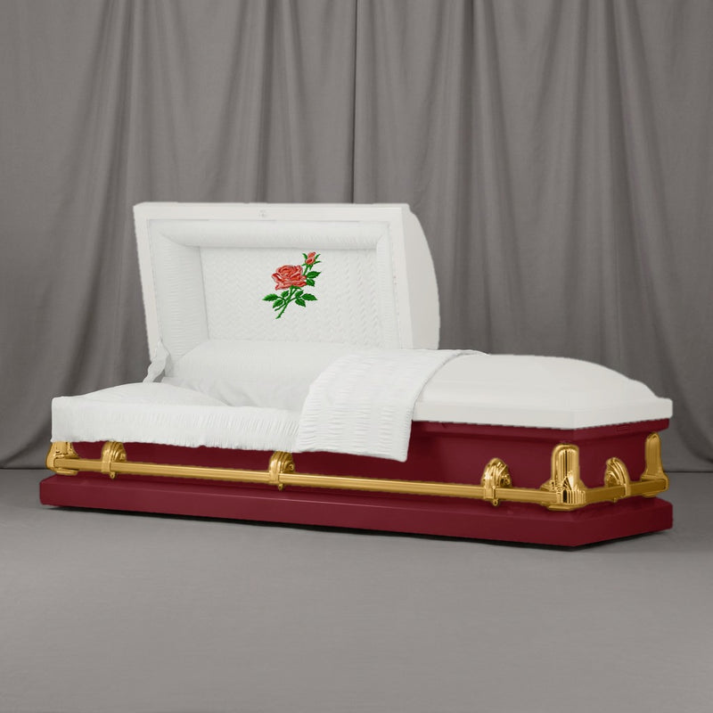 Single Rose Casket | Artist Selections — White and Burgundy two-tone steel casket with gold hardware and embroidered Red Rose head panel