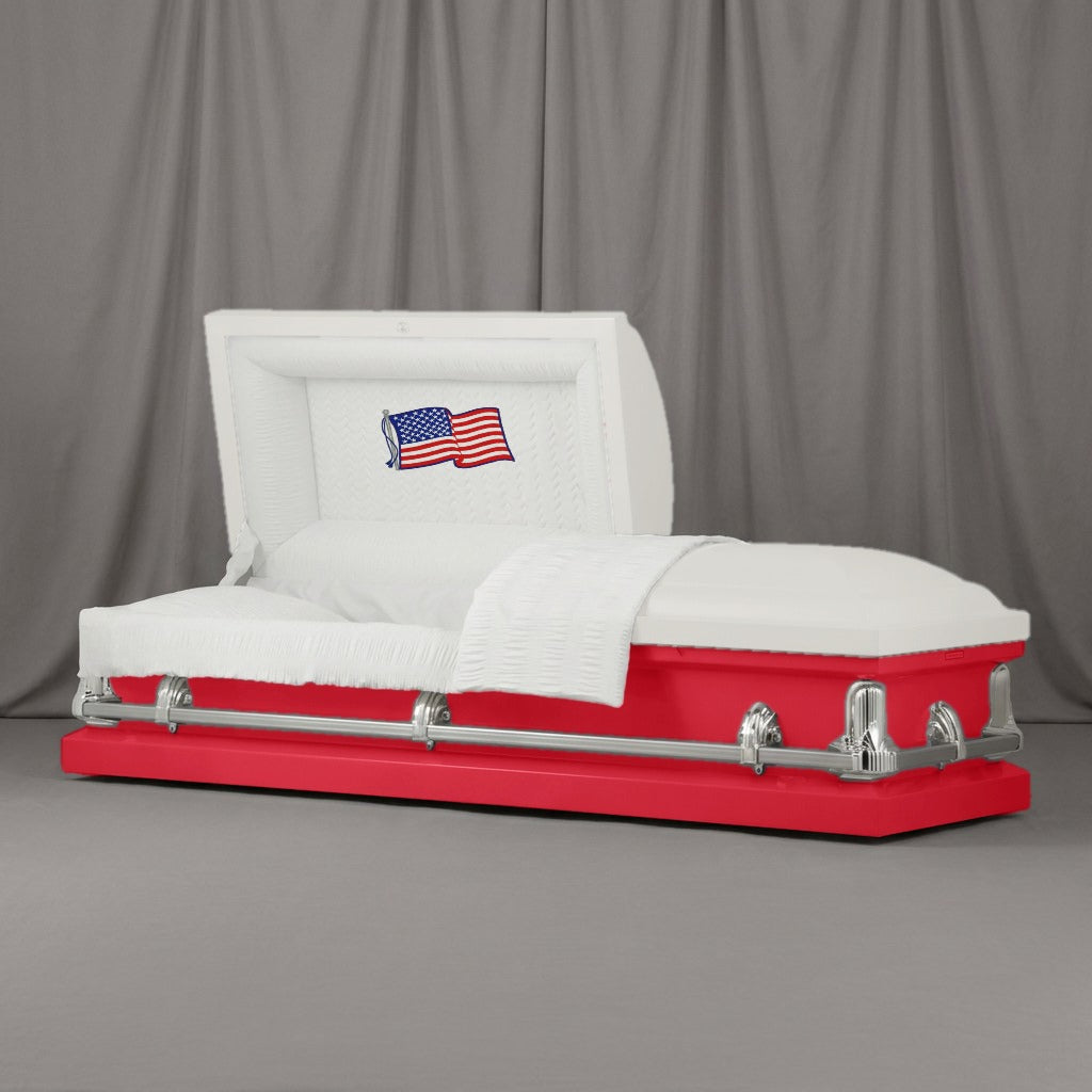 Old Glory Casket | Artist Selections — White and Sport Red two-tone steel casket with silver hardware and embroidered American Flag head panel