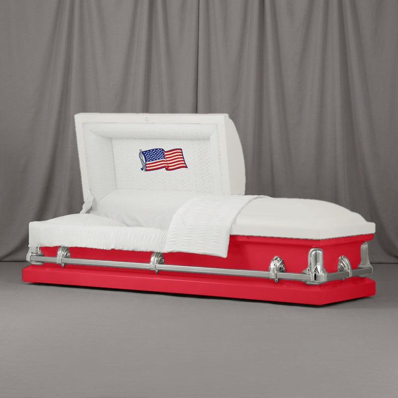 Old Glory Casket | Artist Selections — White and Sport Red two-tone steel casket with silver hardware and embroidered American Flag head panel