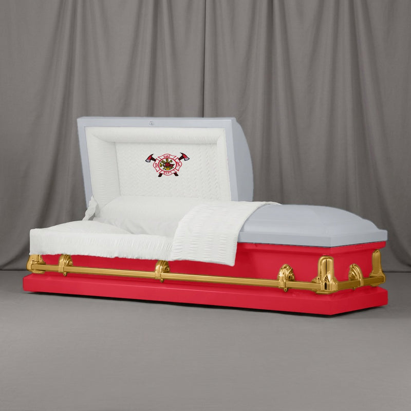 Firefighter Casket | Artist Selections — Silver and Sport Red two-tone steel casket with gold hardware and embroidered Fire Department head panel
