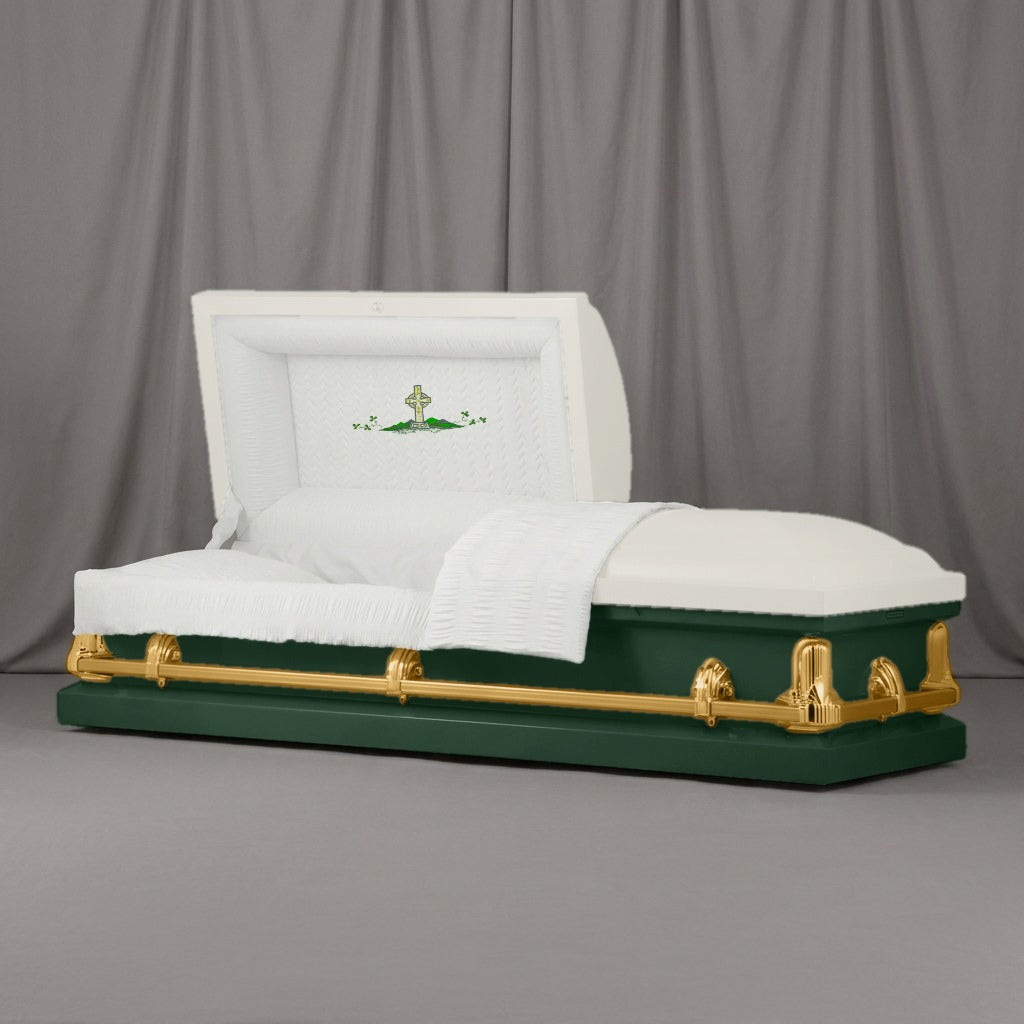 Celtic Cross Casket | Artist Selections — Ivory and Forest Green two-tone steel casket with gold hardware and embroidered Celtic Cross head panel