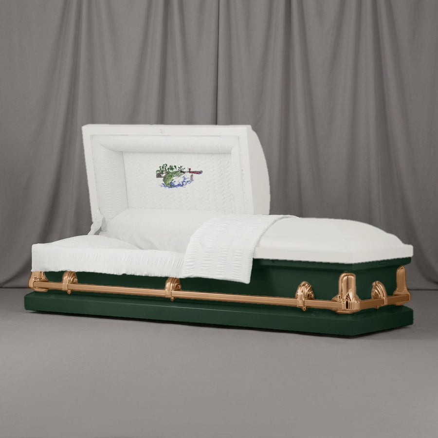 Gone Fishing Casket | Artist Selections — White and Hunter Green two-tone steel casket with brass hardware and embroidered Bass Strike head panel