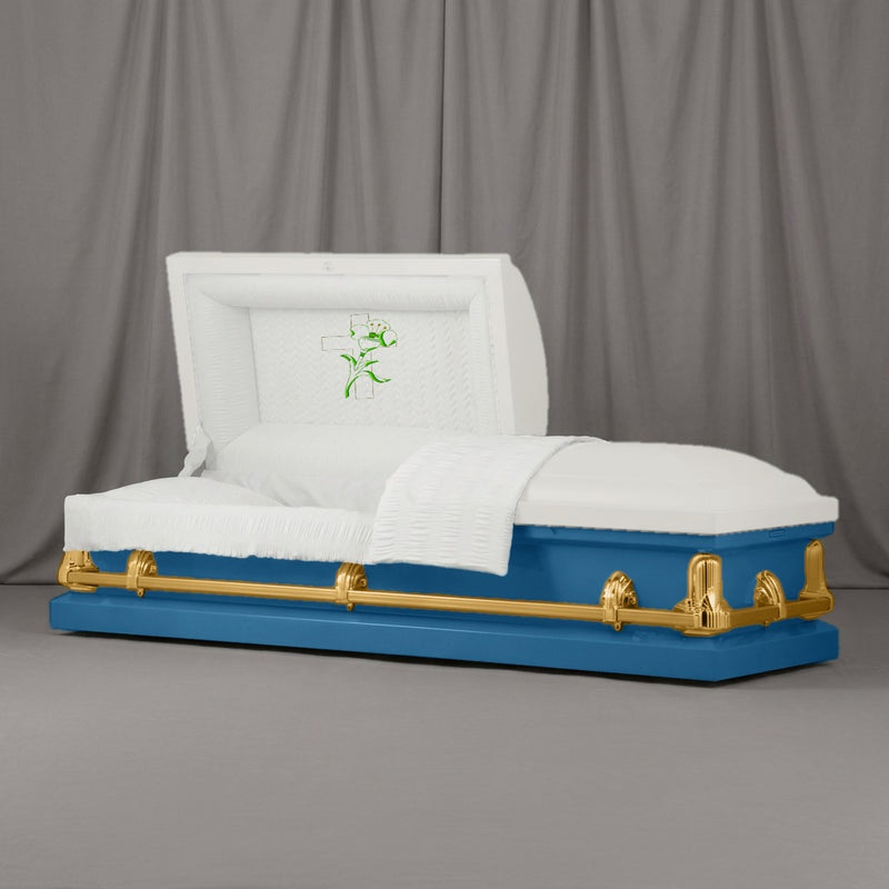 Cross and Lily Casket | Artist Selections — White and Ocean Blue two-tone steel casket with gold hardware and embroidered Cross and Lily head panel