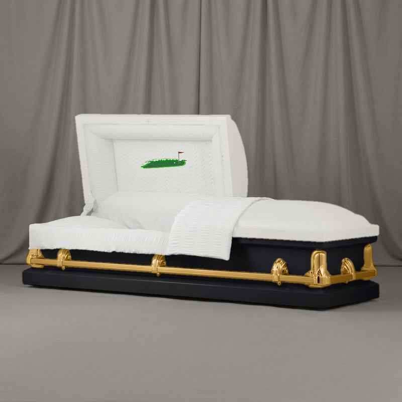 On the Green Casket | Artist Selections — White and Classy Black two-tone steel casket with gold hardware and embroidered Golf Green head panel