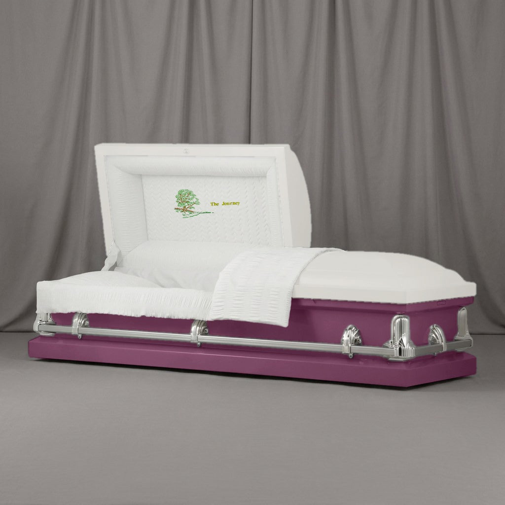 The Journey Casket | Artist Selections — White and Plum two-tone steel casket with silver hardware and embroidered The Journey head panel