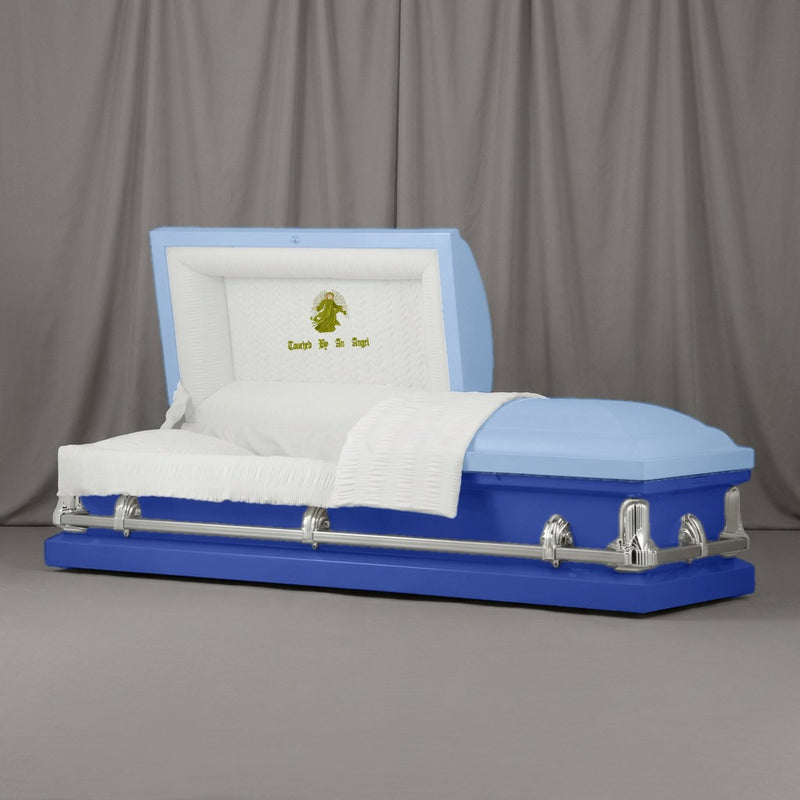 Touched By An Angel Casket | Artist Selections — Powder Blue and Midnight Blue two-tone steel casket with silver hardware and embroidered Touched By An Angel head panel