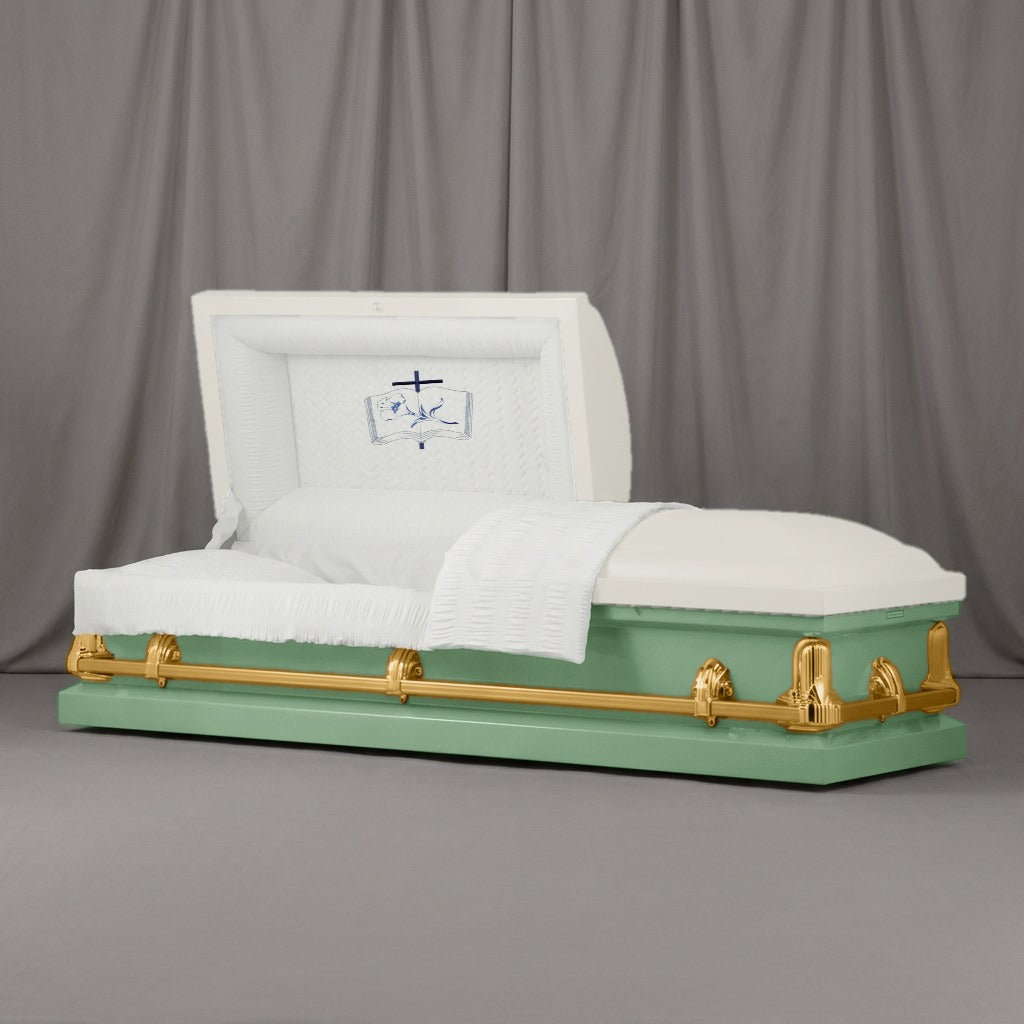 Open Bible Casket | Artist Selections — Ivory and Sage Green two-tone steel casket with gold hardware and embroidered Bible and Cross head panel