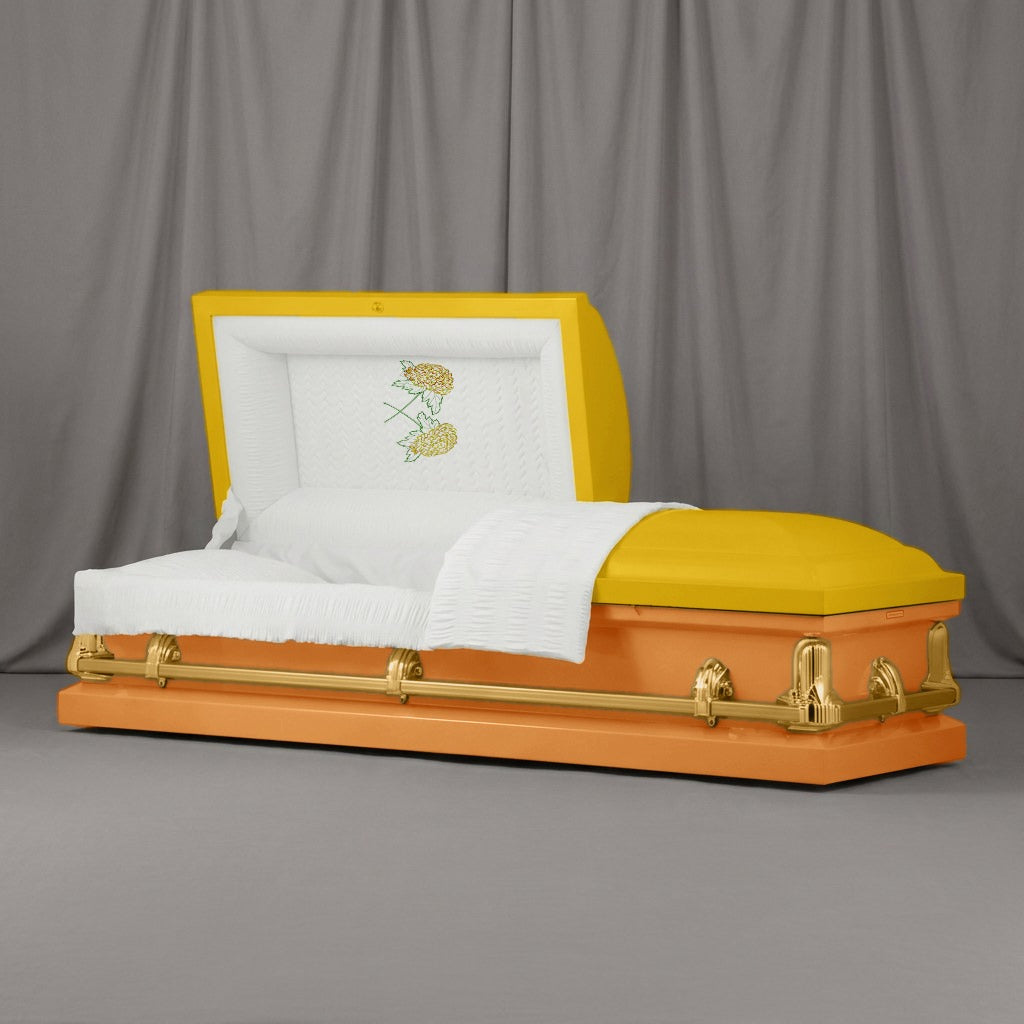 Golden Bloom Casket | Artist Selections — Sunflower Yellow and Peach Orange two-tone steel casket with gold hardware and embroidered Golden Chrysanthemums head panel