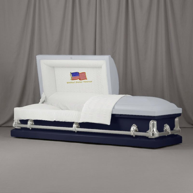 Final Salute Casket | Artist Selections — Silver and Deep Navy two-tone steel casket with silver hardware and embroidered US Veteran Flag head panel