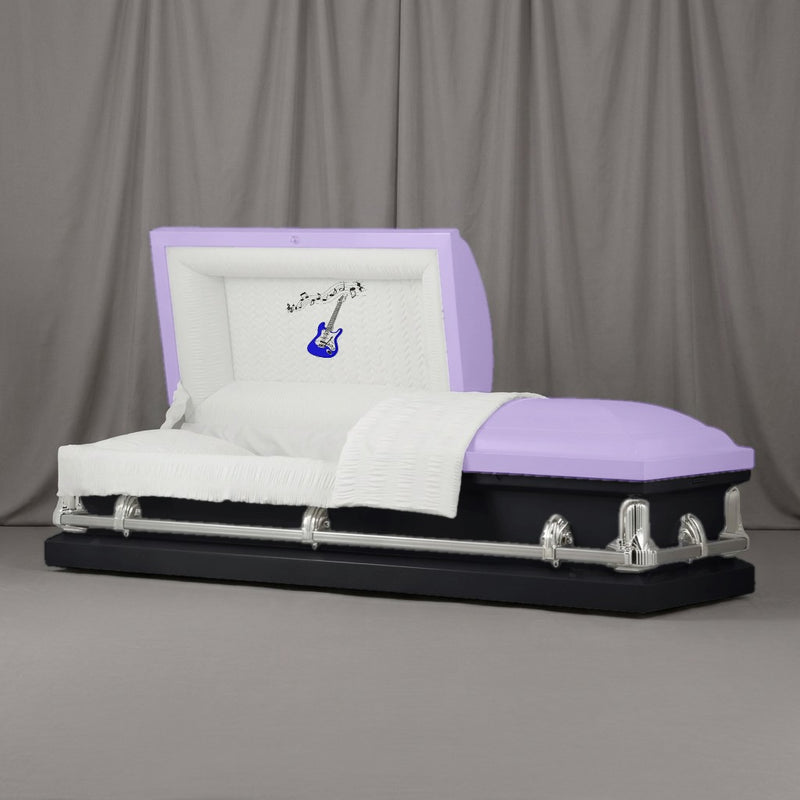 Guitar and Notes Casket | Artist Selections — Lavender and Classy Black two-tone steel casket with silver hardware and embroidered Guitar and Notes head panel