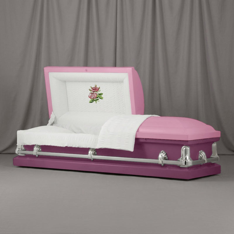 Twin Roses Casket | Artist Selections — Rose Pink and Plum two-tone steel casket with silver hardware and embroidered Twin Roses head panel