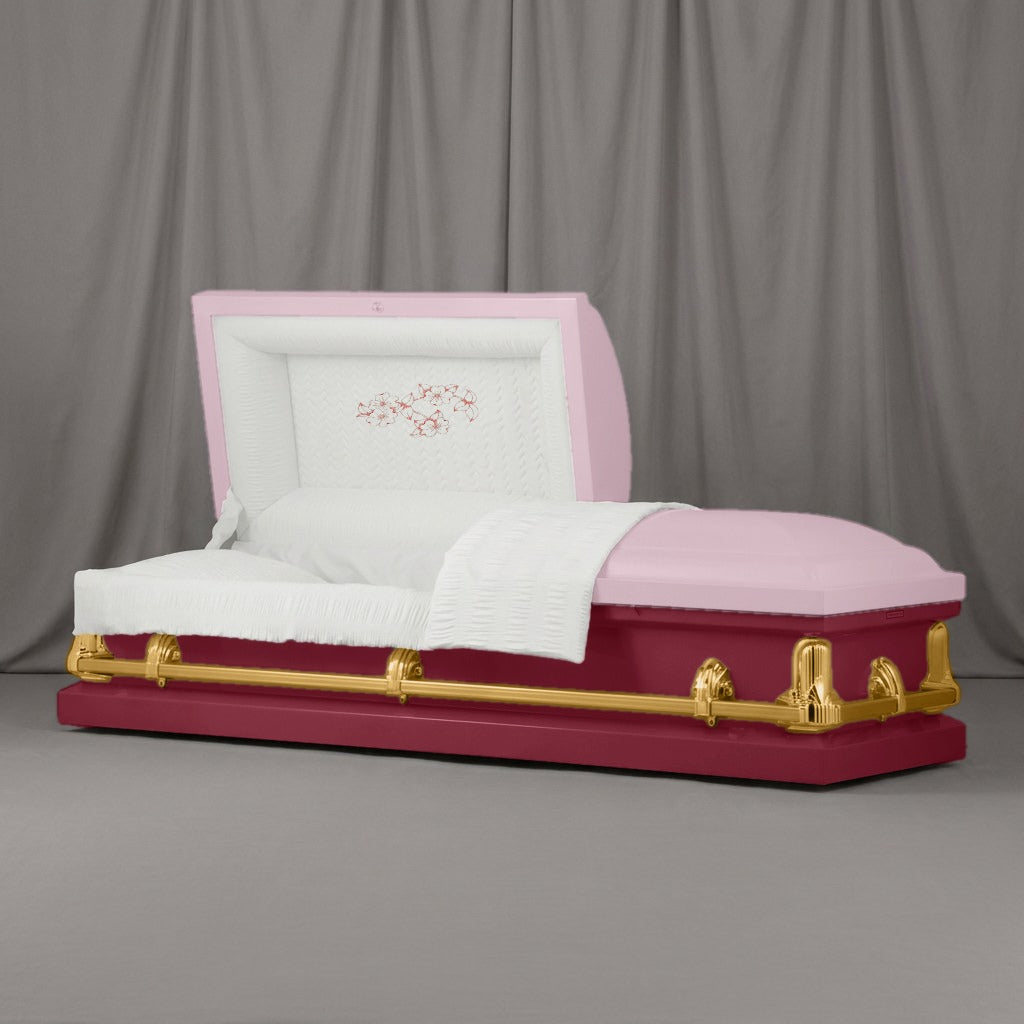 Dogwood Casket | Artist Selections — Blush and Wine two-tone steel casket with gold hardware and embroidered Dogwood Blossoms head panel