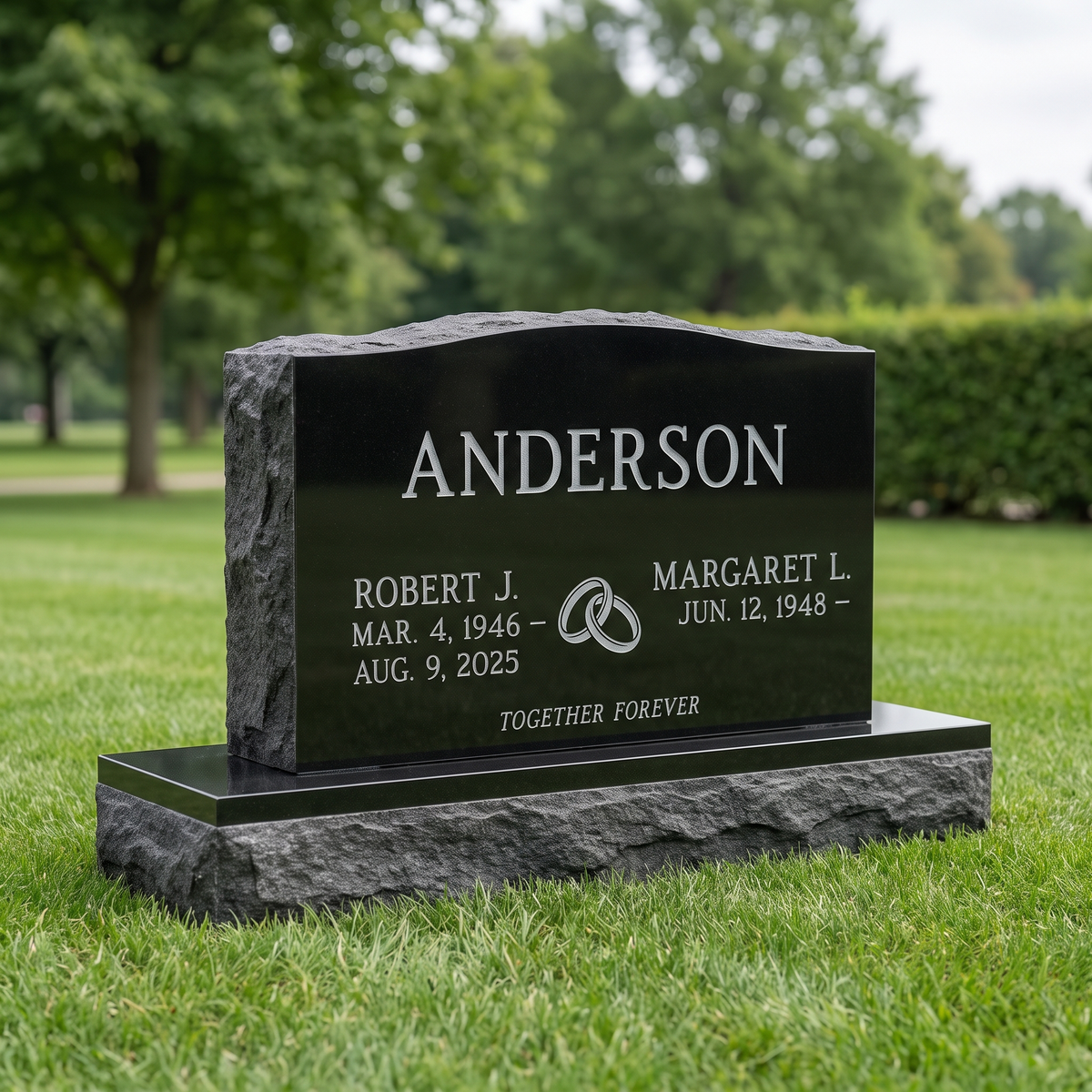 Companion Upright Headstone 36×6×20 in Jet Black granite — representative image, engraved to your approved proof