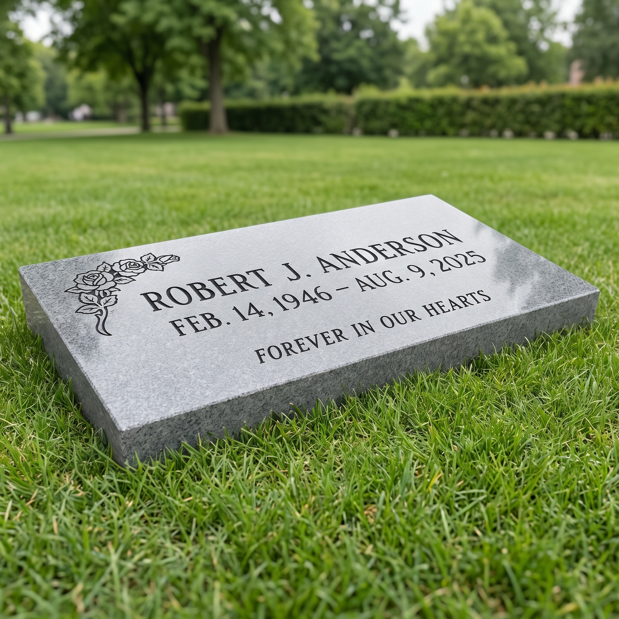 Flat Marker 24×12×4 in Georgia Gray granite — representative image, engraved to your approved proof