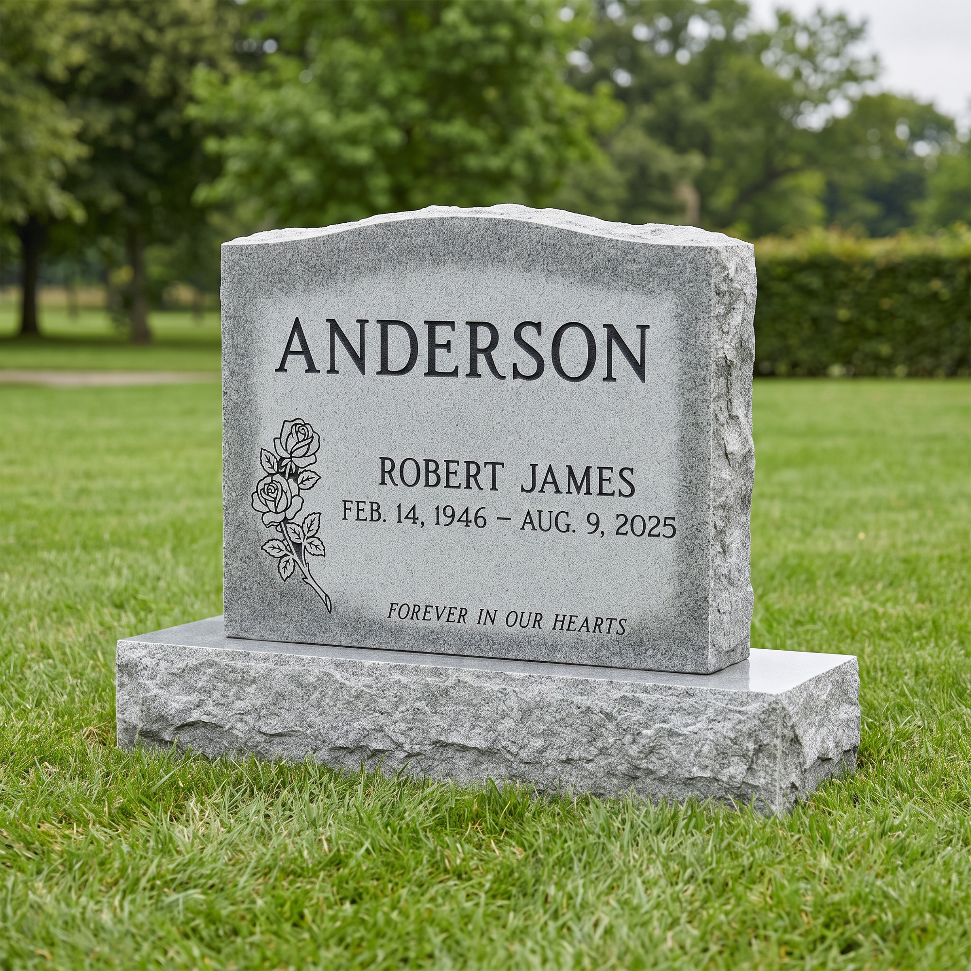 Single Upright Headstone 24×6×20 in Georgia Gray granite — representative image, engraved to your approved proof