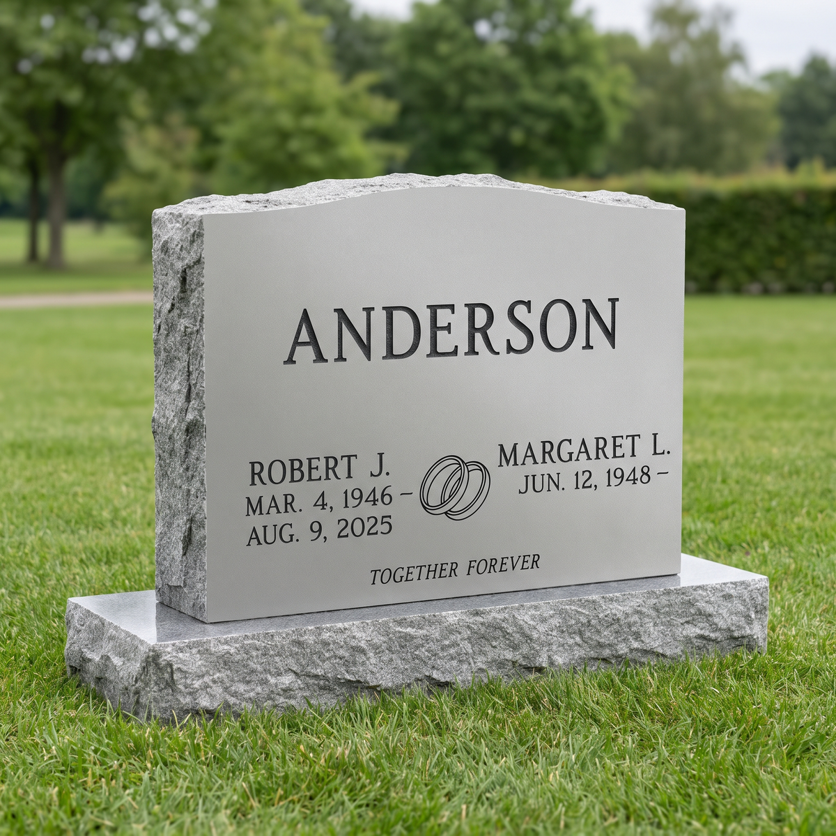 Companion Upright Headstone 36×6×20 in Georgia Gray granite — representative image, engraved to your approved proof