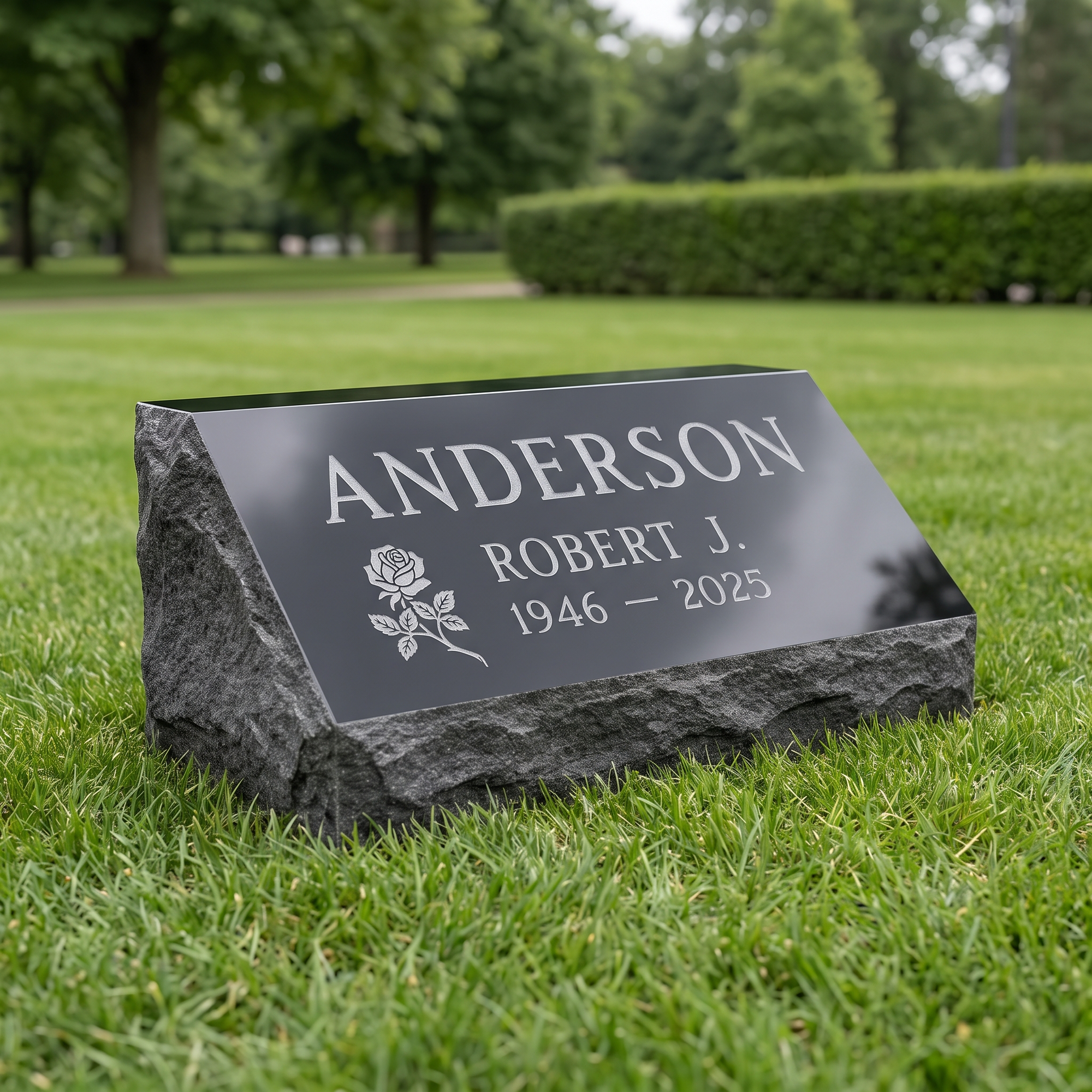 Small Bevel Marker 16×8 in Jet Black granite — representative image, engraved to your approved proof
