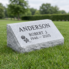 Small Bevel Marker 16×8 in Georgia Gray granite — representative image, engraved to your approved proof
