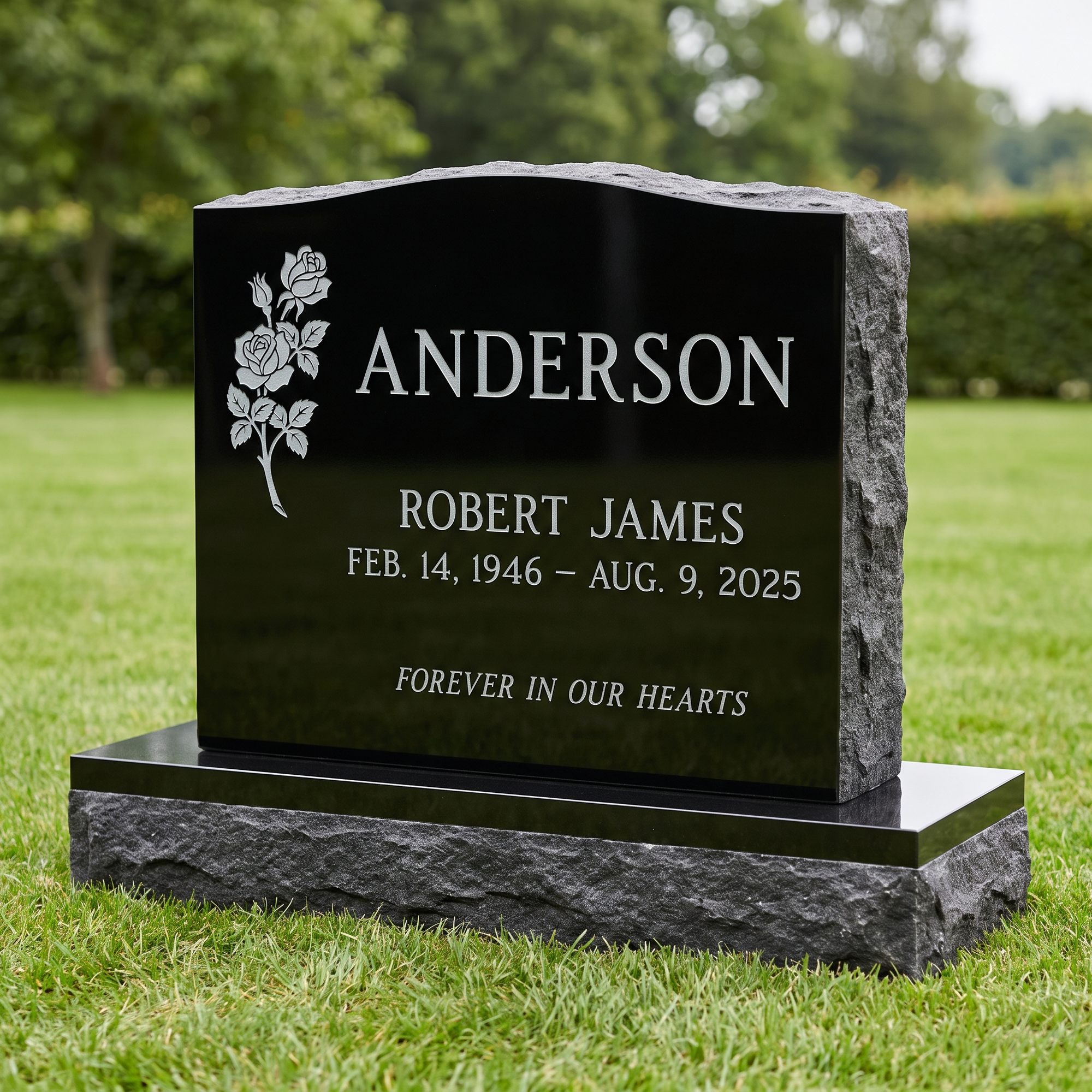 Single Upright Headstone 24×6×20 in Jet Black granite — representative image, engraved to your approved proof