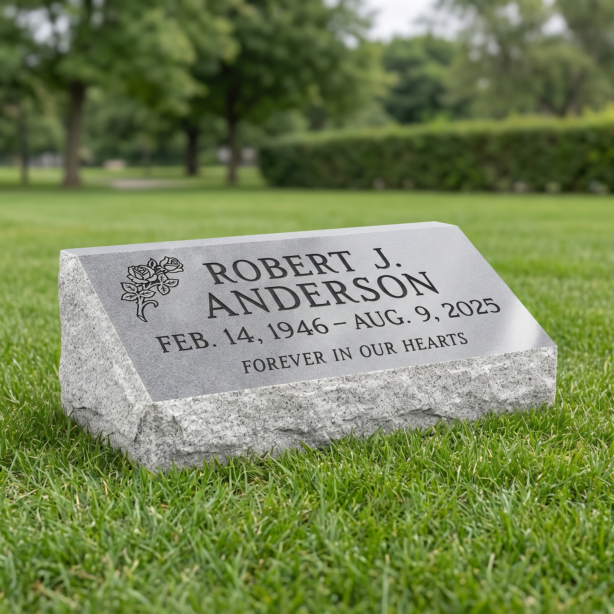 Bevel Marker 24×12×6 in Georgia Gray granite — representative image, engraved to your approved proof