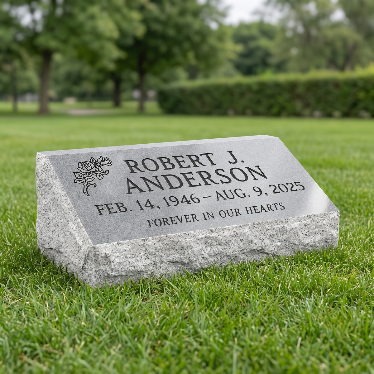 Bevel Marker 24×12×6 in Georgia Gray granite — representative image, engraved to your approved proof