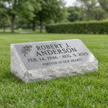 Bevel Marker 24×12×6 in Georgia Gray granite — representative image, engraved to your approved proof