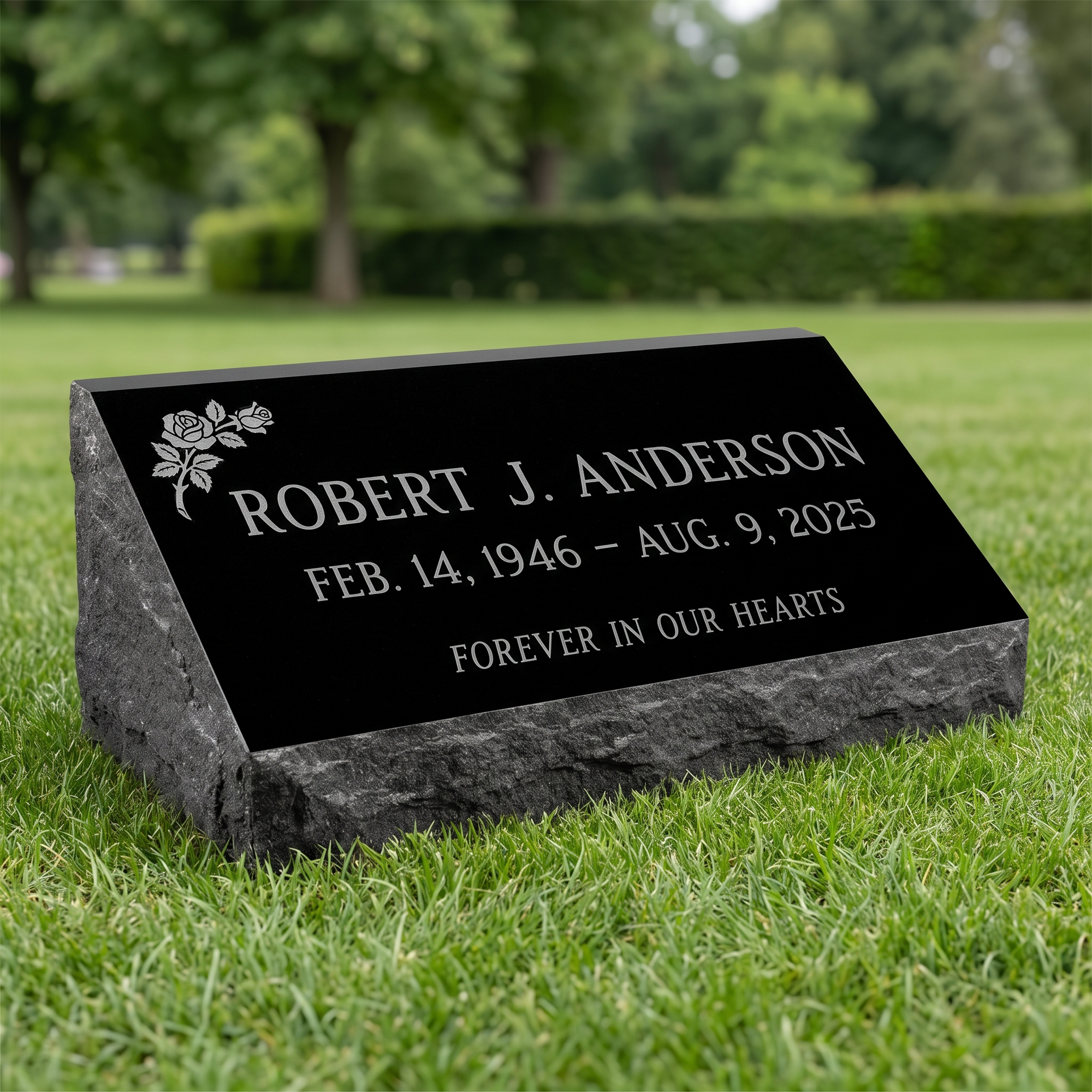 Bevel Marker 24×12×6 in Jet Black granite — representative image, engraved to your approved proof