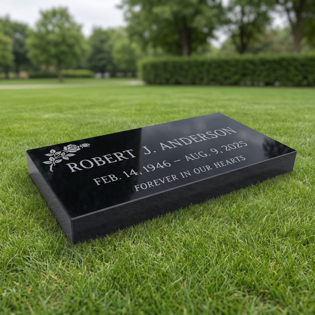 Flat Marker 24×12×4 in Jet Black granite — representative image, engraved to your approved proof