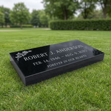 Flat Marker 24×12×4 in Jet Black granite — representative image, engraved to your approved proof
