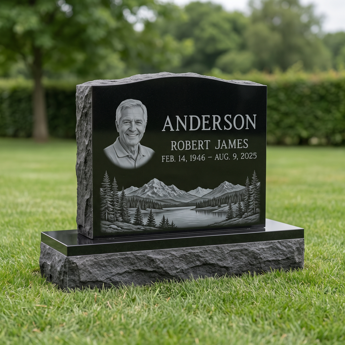 Single Upright Headstone 24×6×20 in Jet Black granite — representative image, engraved to your approved proof