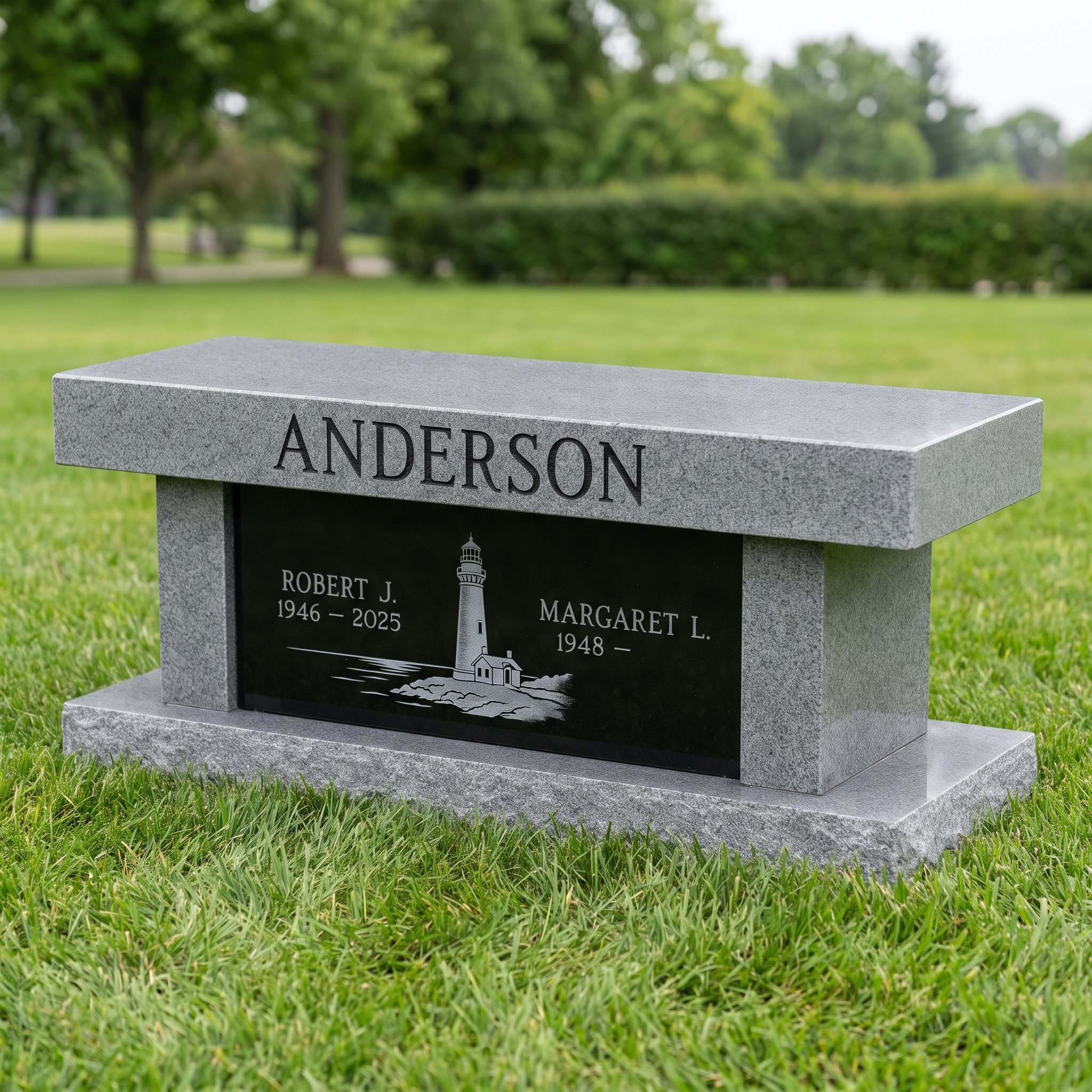 Cremation Memorial Bench 36" in Super Gray granite — representative image, engraved to your approved proof