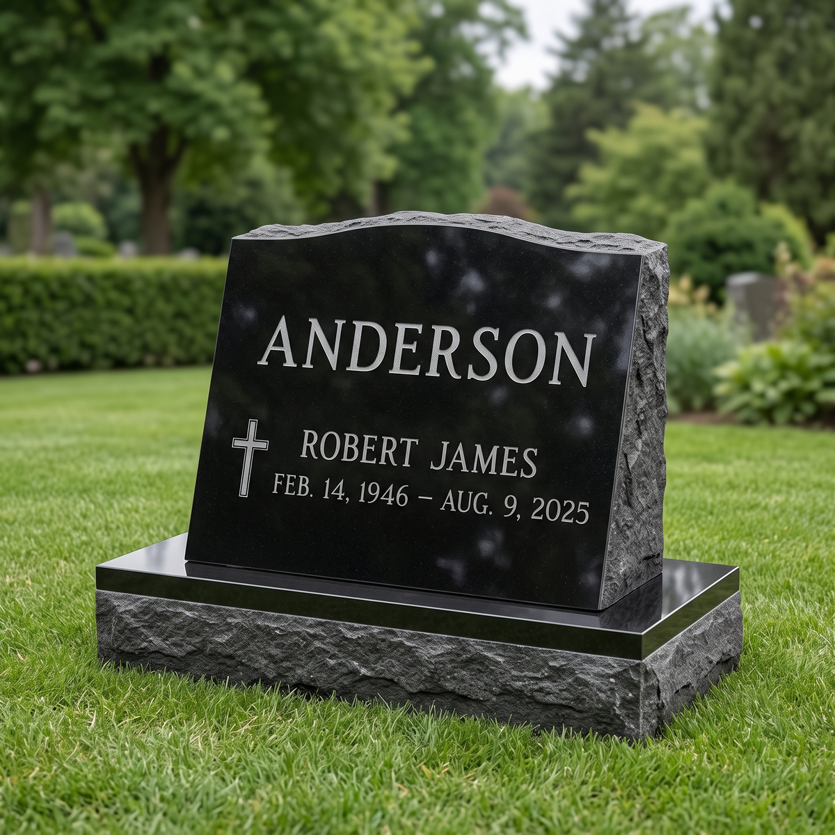 Slant Headstone 24×10×18 in Jet Black granite — representative image, engraved to your approved proof