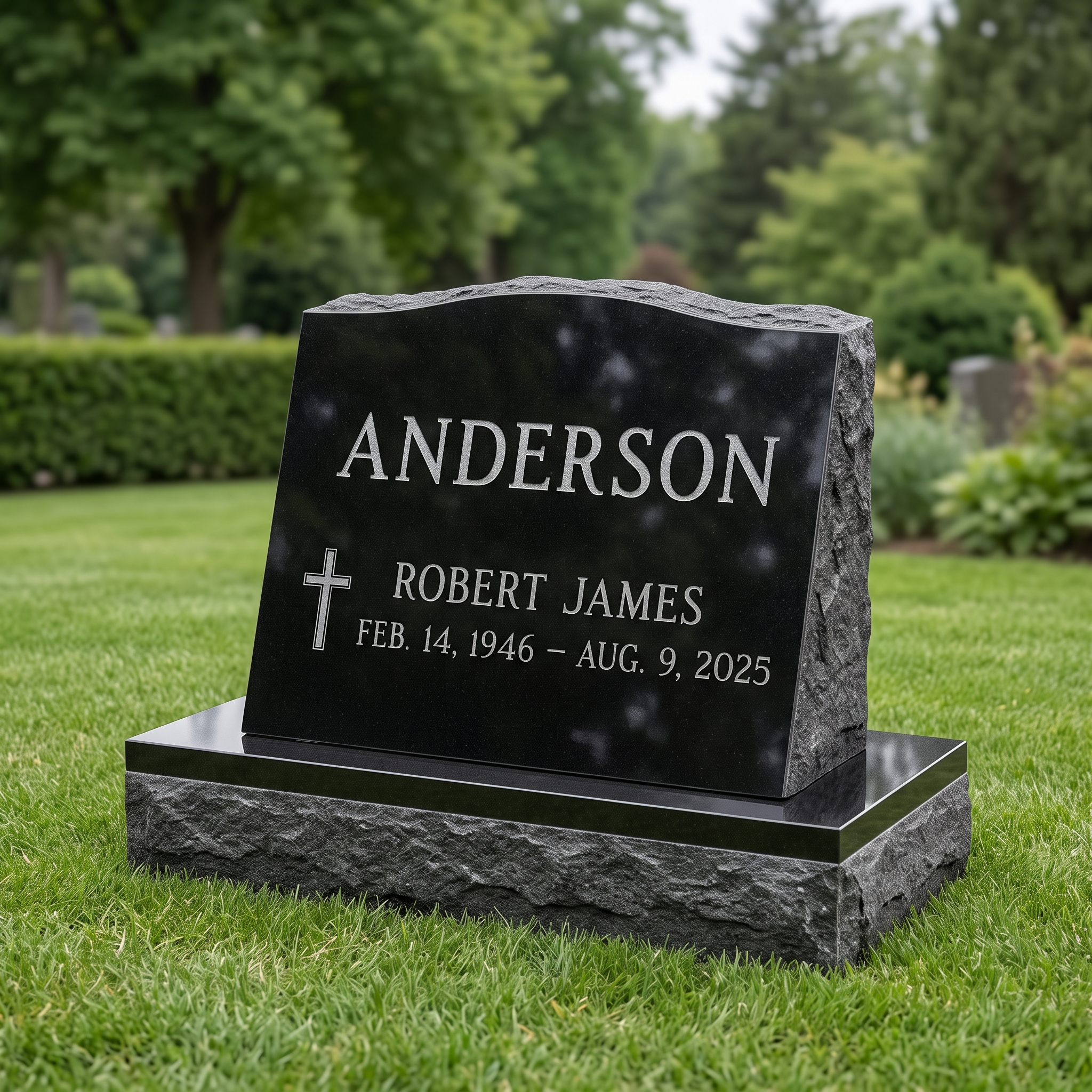 Slant Headstone 24×10×18 in Jet Black granite — representative image, engraved to your approved proof