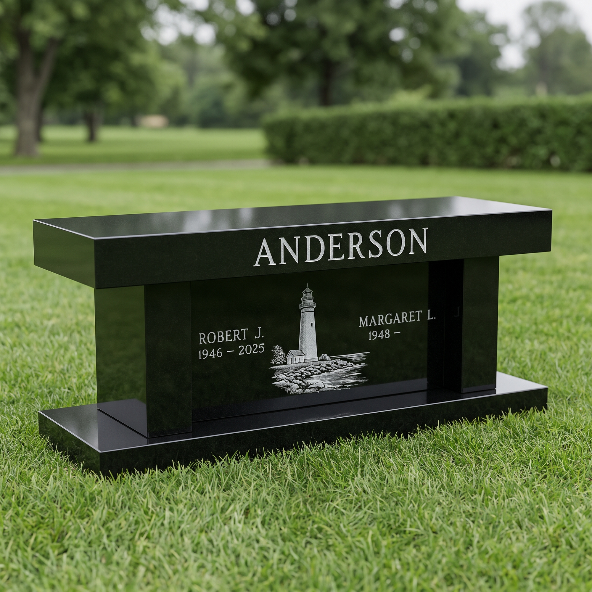 Cremation Memorial Bench 36" in Jet Black granite — representative image, engraved to your approved proof