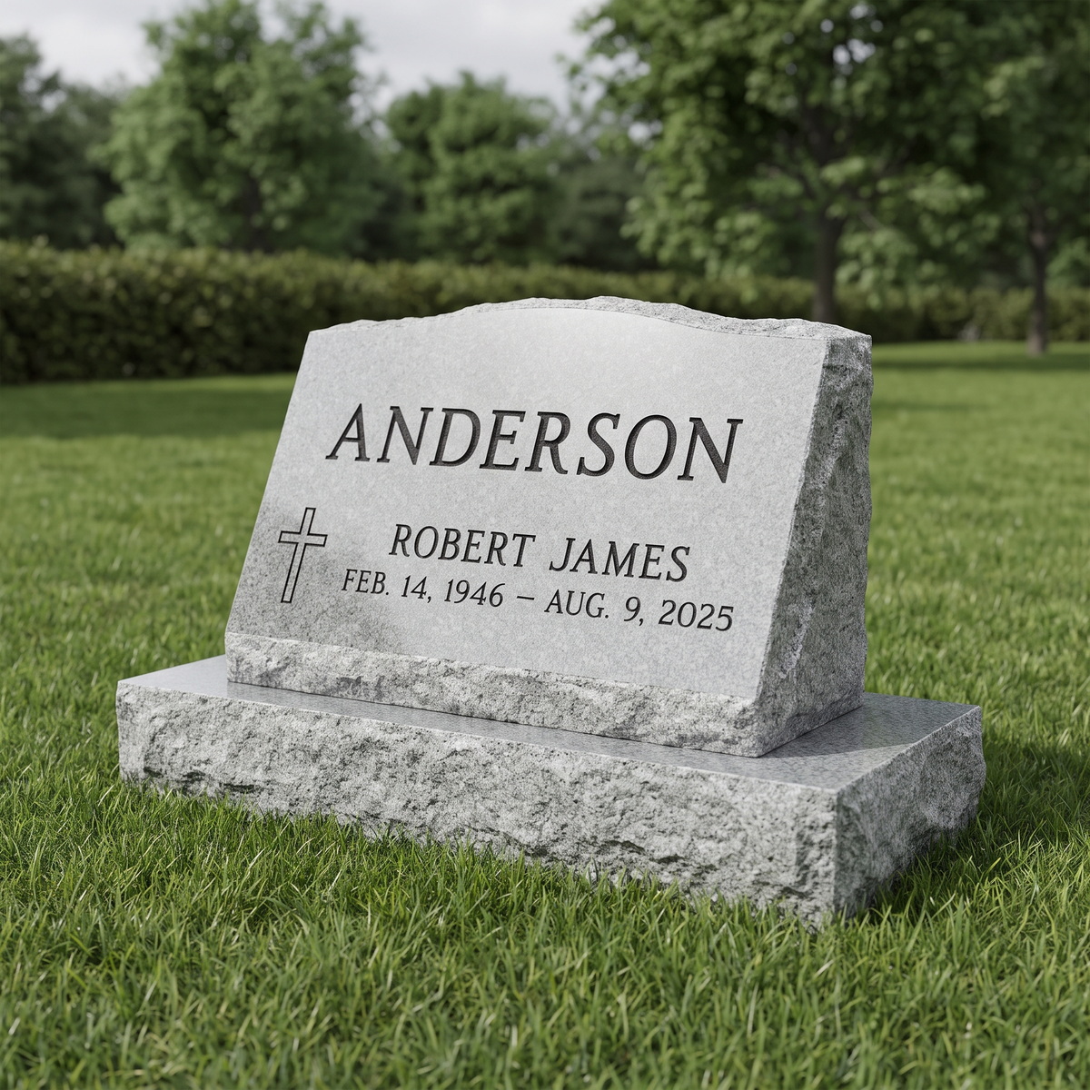 Slant Headstone 24×10×18 in Georgia Gray granite — representative image, engraved to your approved proof